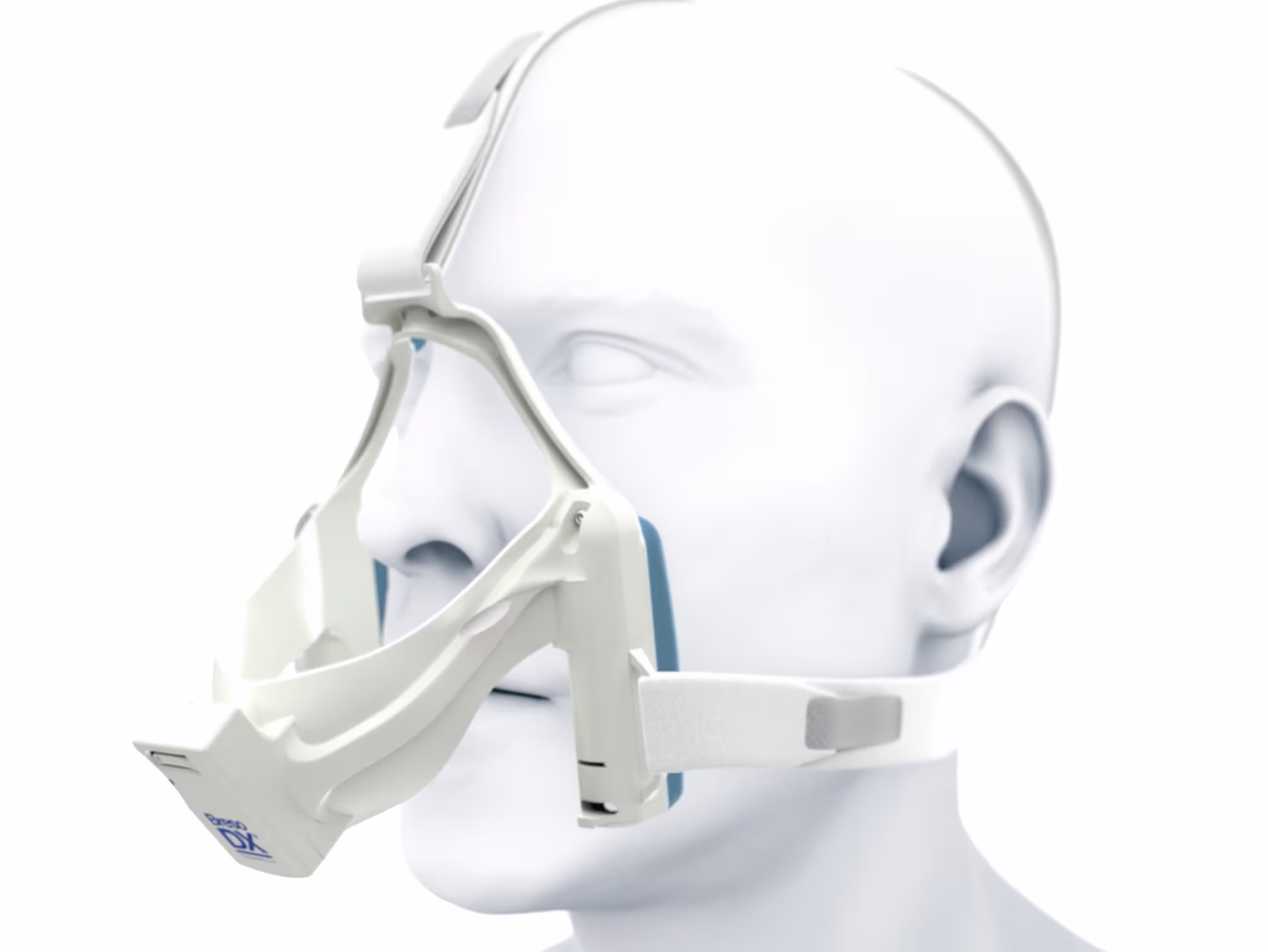 Angled side view of a mannequin wearing the nasal mask, showing how it fits around the nose and chin.