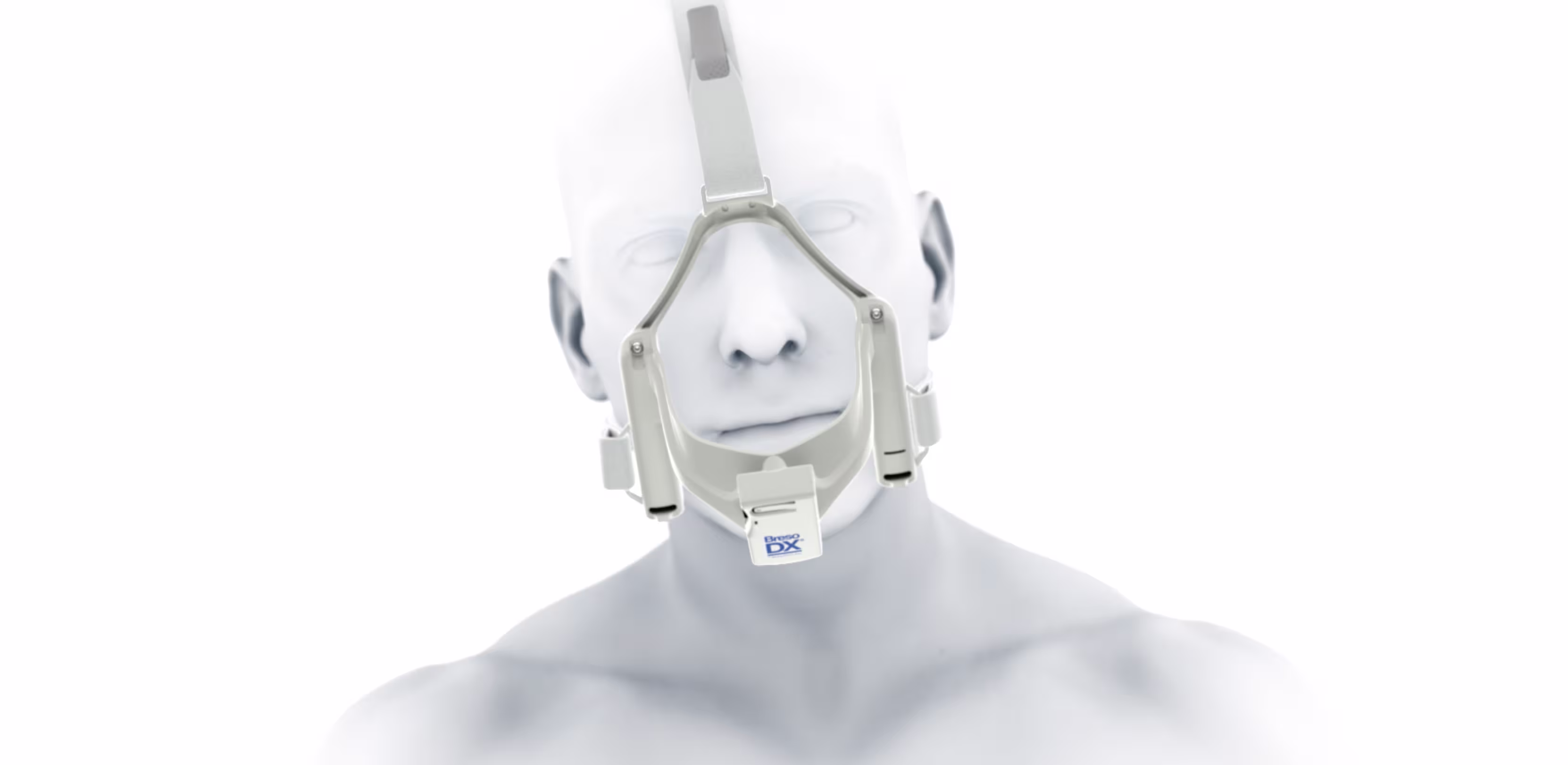 Front-facing view of a mannequin wearing a nasal mask device secured with head straps and chin support.