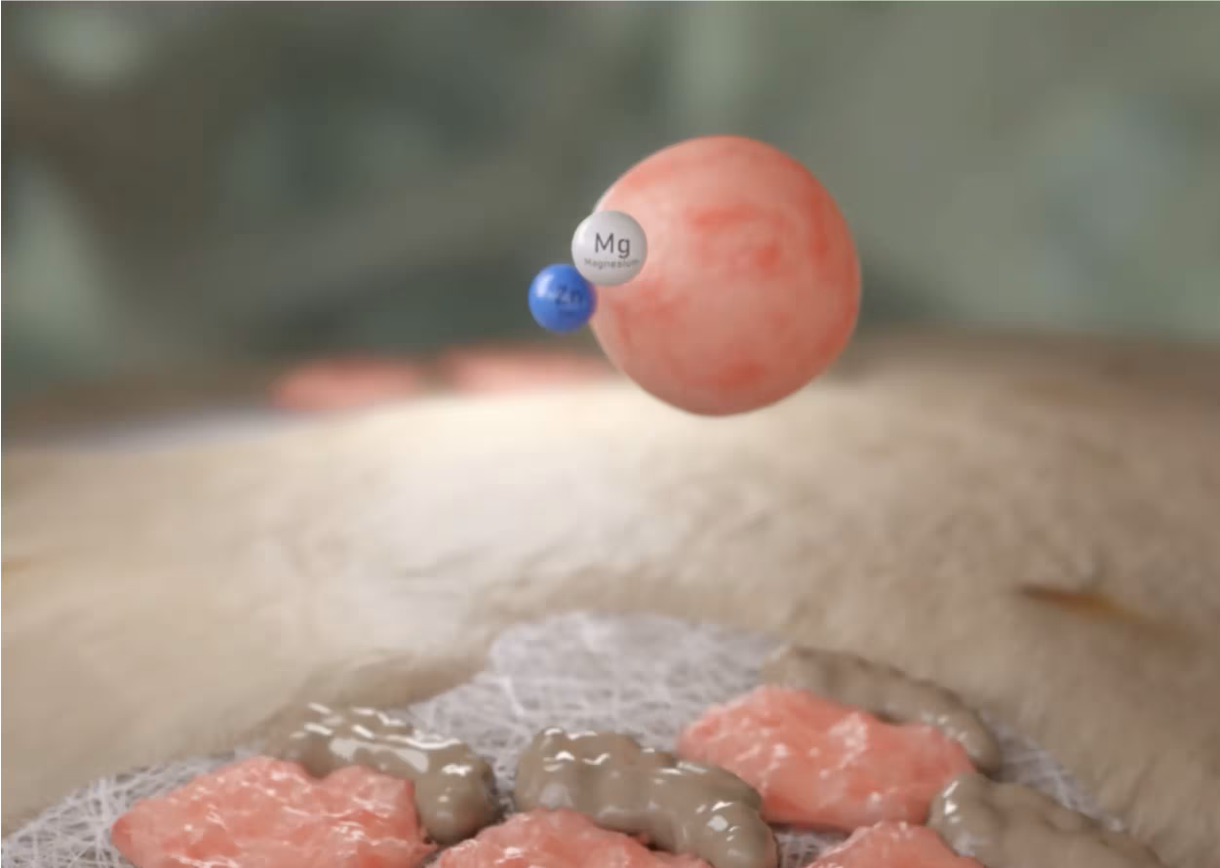 3D rendering of a spherical cell interacting with surrounding particles above a bone surface.