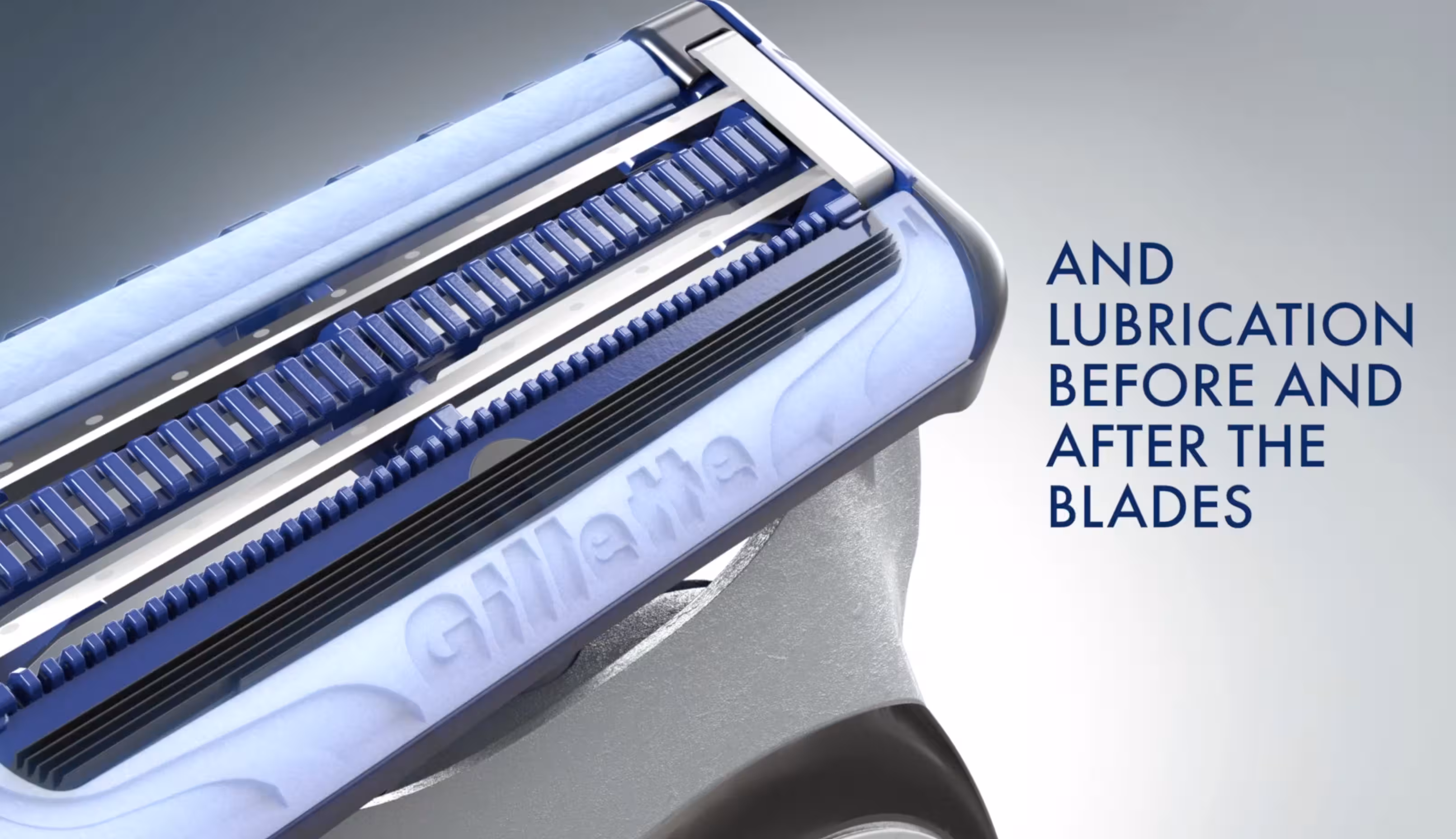 Close-up of a Gillette razor cartridge with text explaining lubrication before and after the blades.