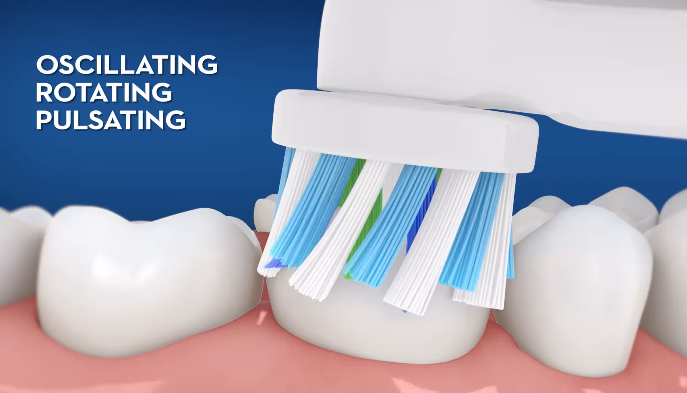 Electric toothbrush brushing along the gum line with text reading “Oscillating Rotating Pulsating.”
