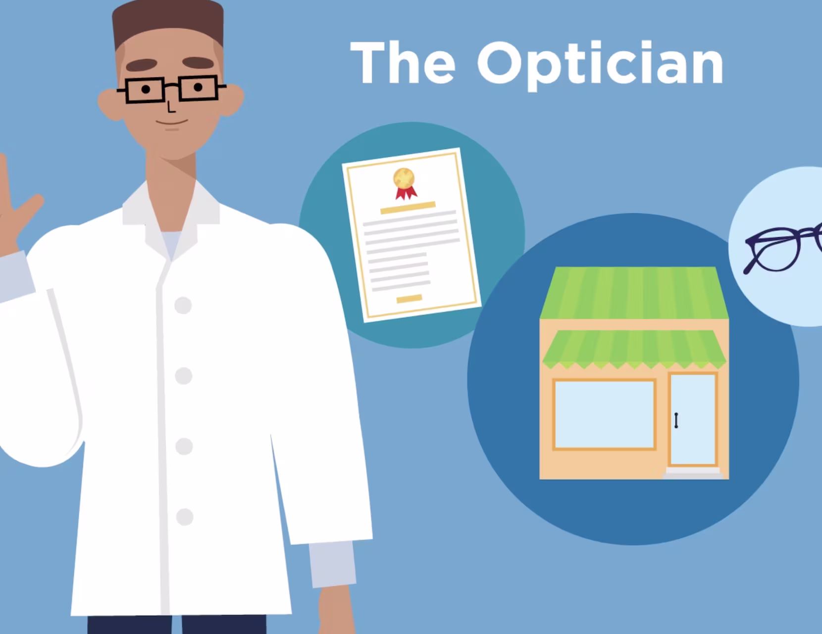 Illustration of a doctor holding a clipboard with medical documents beside icons representing eye care and a medical clinic.
