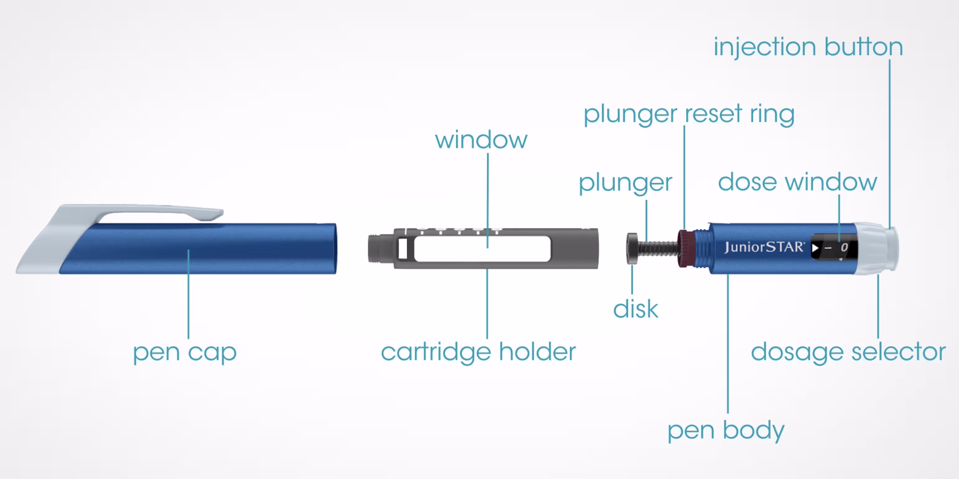 Exploded diagram of an insulin pen with labeled components including pen cap, cartridge holder, plunger, injection button, dosage selector, and pen body.